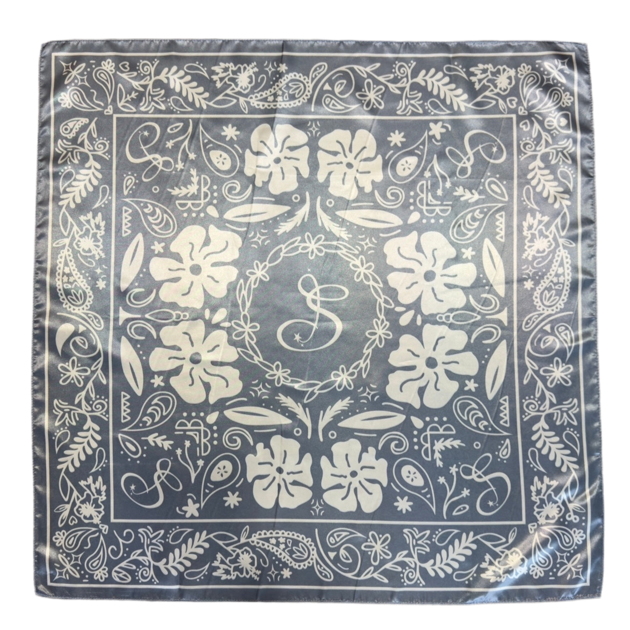 Tropical Paisley Silk Bandana - Grey/Cream