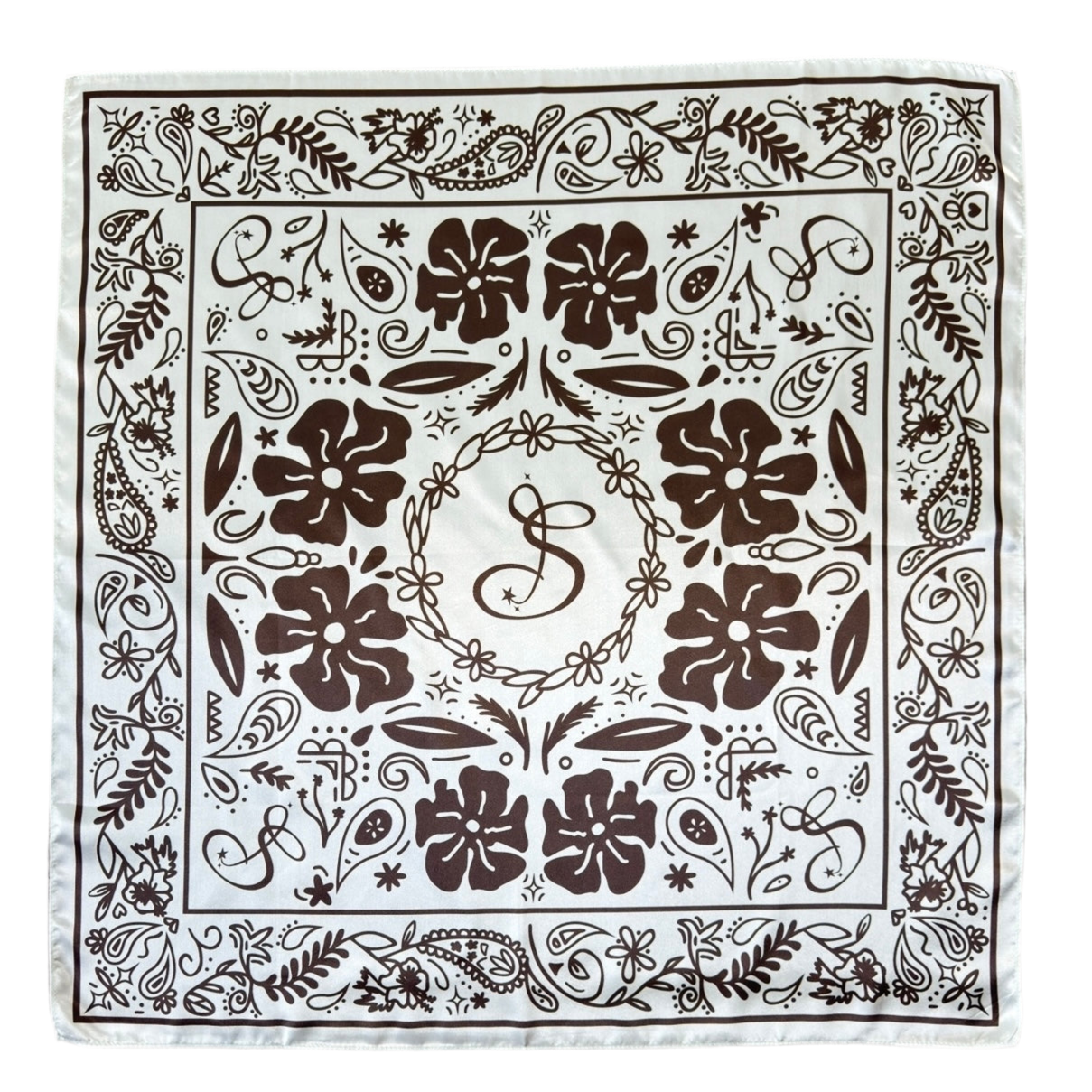 Tropical Paisley Silk Bandana - Cream/Mocha
