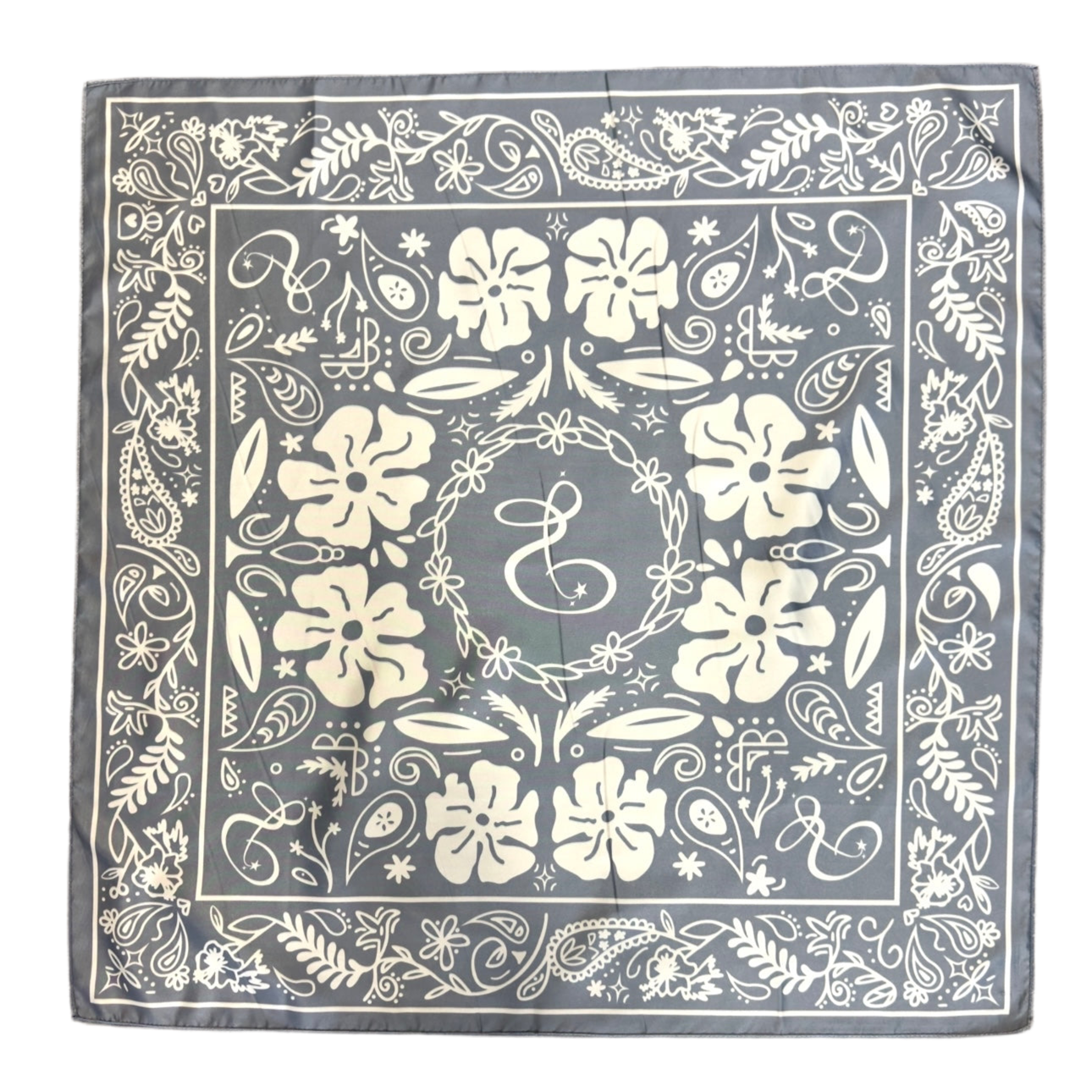Tropical Paisley Silk Bandana - Grey/Cream