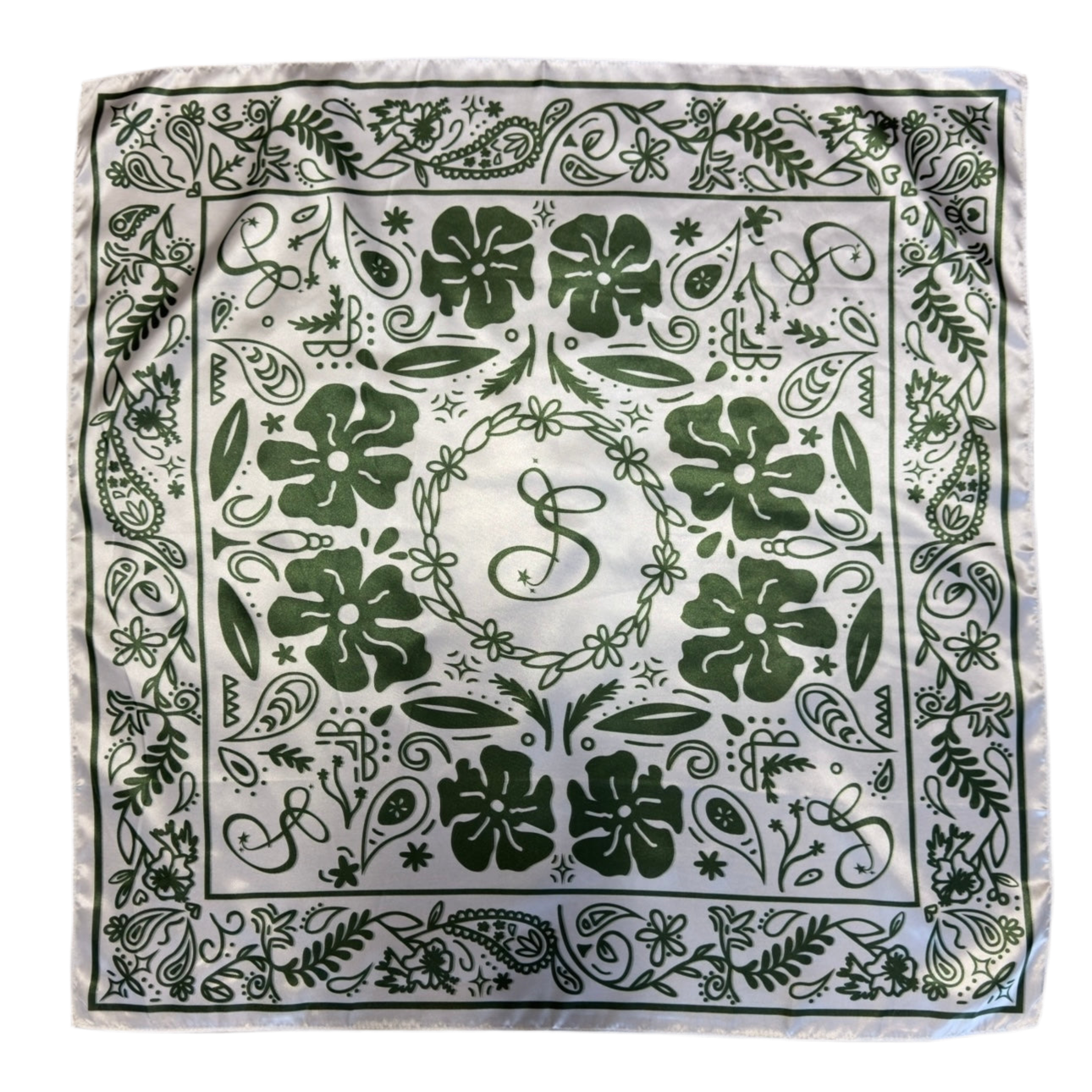 Tropical Paisley Silk Bandana - Matcha/Eggshell