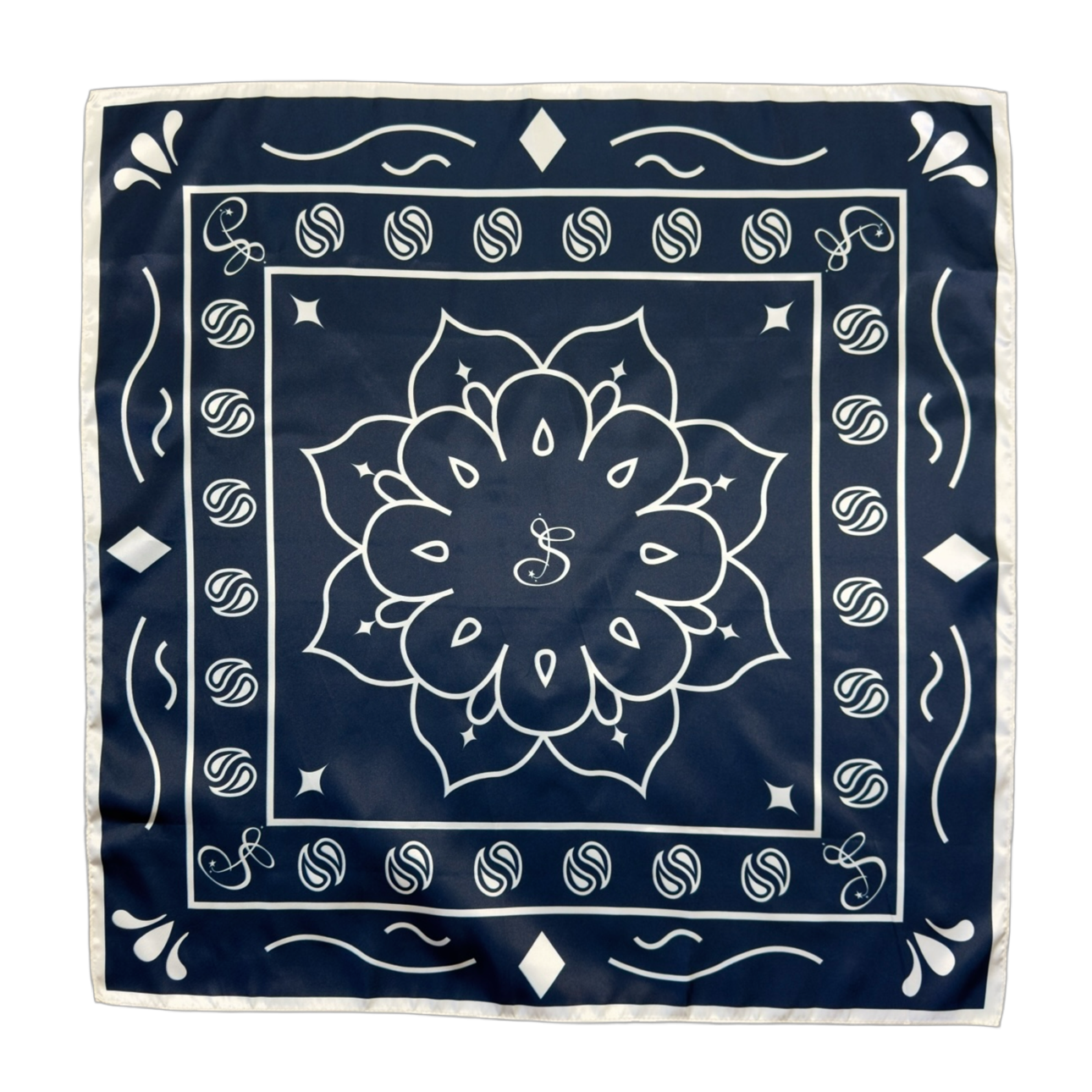 Floral Paisley Silk Bandana - Navy/Eggshell